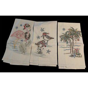 3 Christmas Beach Tropical  TowelsTea Hand Embroidered Flamingo Palms Sea Gulls